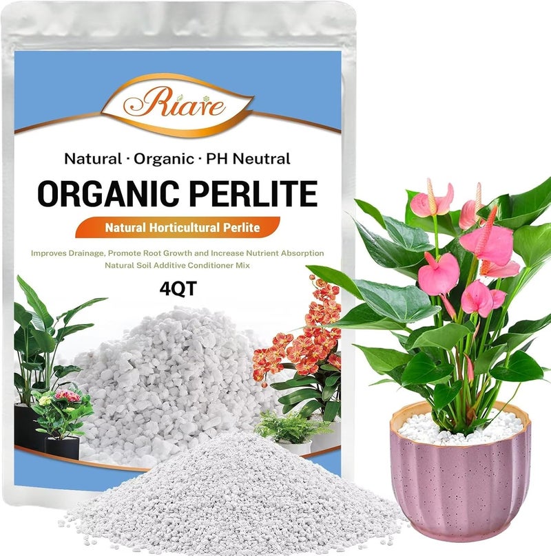 Riare 4 Quarts Organic Perlite for Plants - Horticultural Perlite Soil Amendment for Plants Potting Mix, Natural Chunky Perlite Soil Additive Conditioner Improve Root Growth, Drainage and Ventilation - Image 1